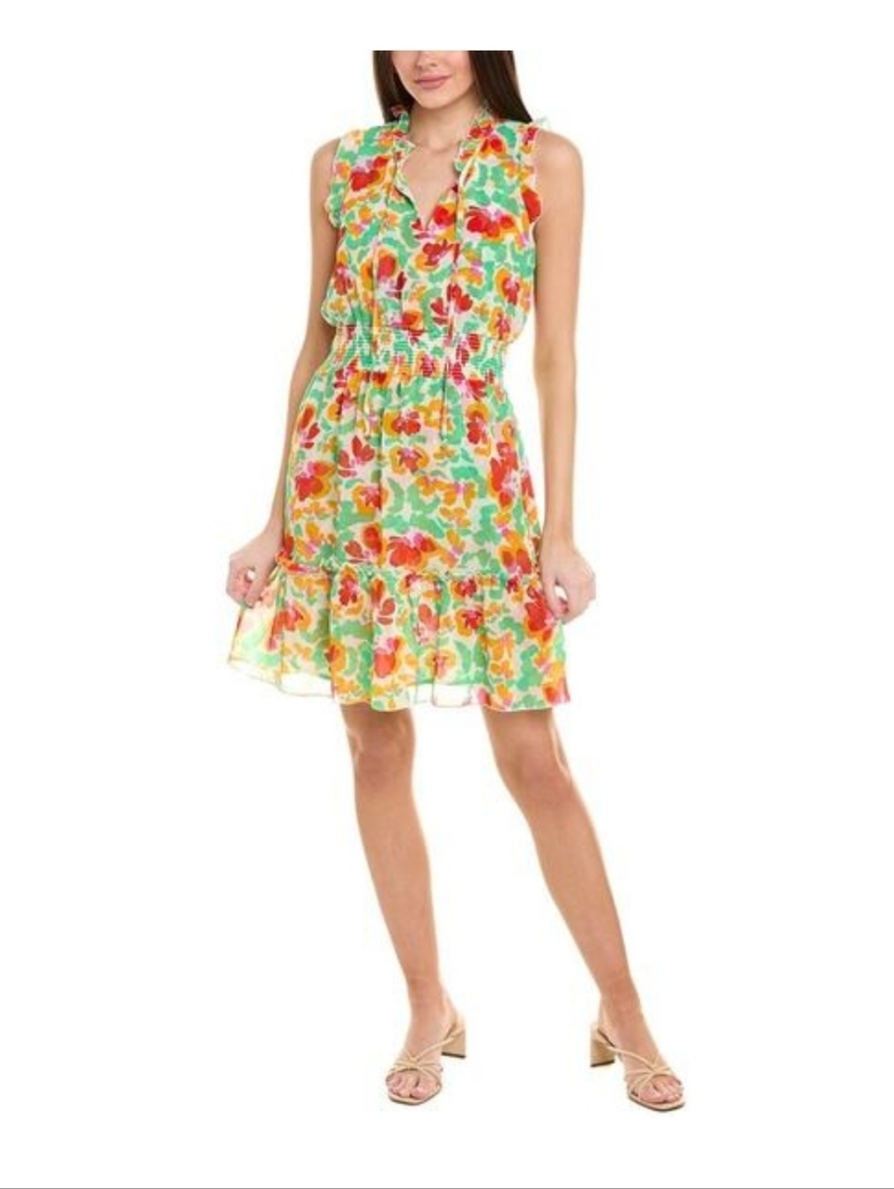 CAbi Sleeveless Floral Ruffle Dress in Green, Red & Yellow
